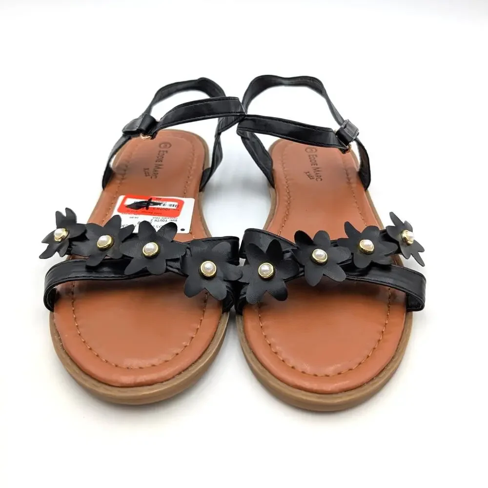 Eddie Marc Flower Strap Sandals Open Round Toe Girls' Black Size US3